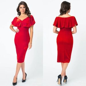Red velvet pencil dress